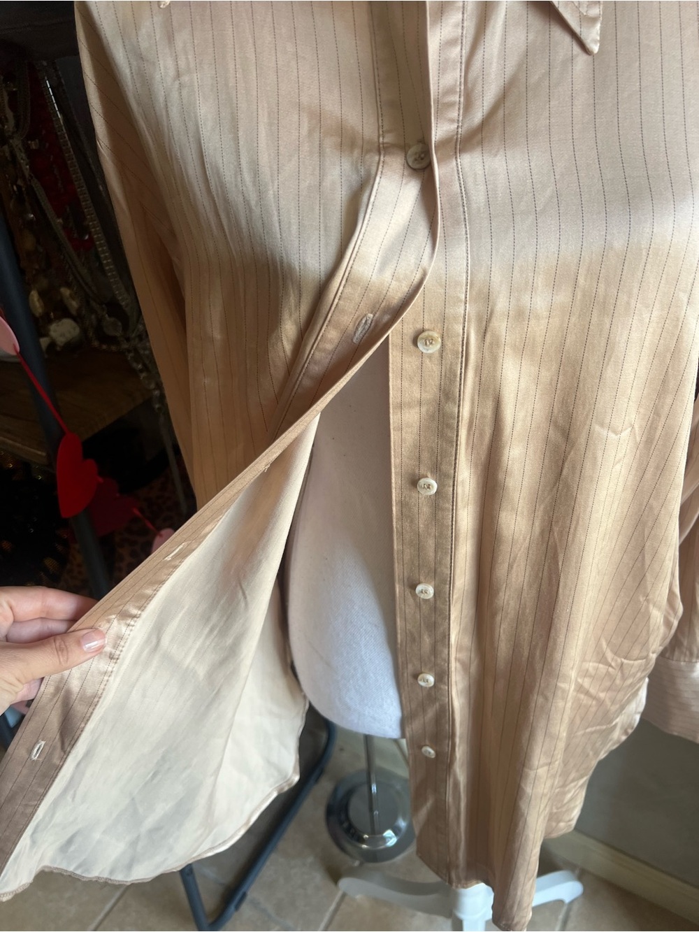 Topshop Silky Button-Down Shirt in Champagne Beige - Picture 2 of 6